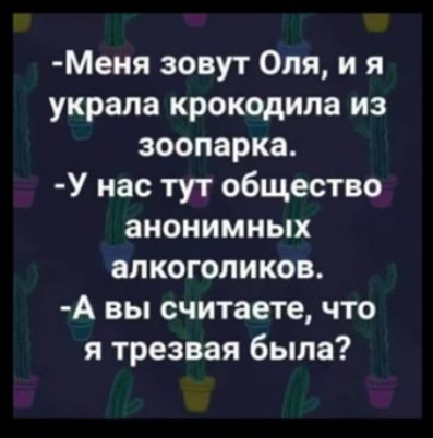 Меня зовут Оля и я украла крокодила из зоопарка У нас тут общество анонимных алкоголиков А вы считаете что я трезвая была