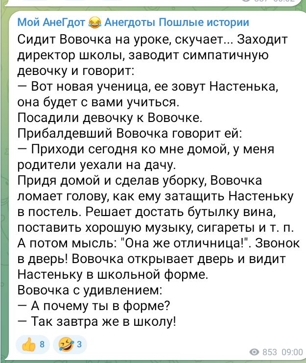 Мой АнеГдот Анегдоты Пошлые истории Сидит Вовочка на уроке скучает Заходит директор школы заводит симпатичную девочку и говорит Вот новая ученица ее зовут Настенька она будет с вами учиться Посадили девочку к Вовочке Прибалдевший Вовочка говорит ей Приходи сегодня ко мне домой у меня родители уехали на дачу Придя домой и сделав уборку Вовочка ломае