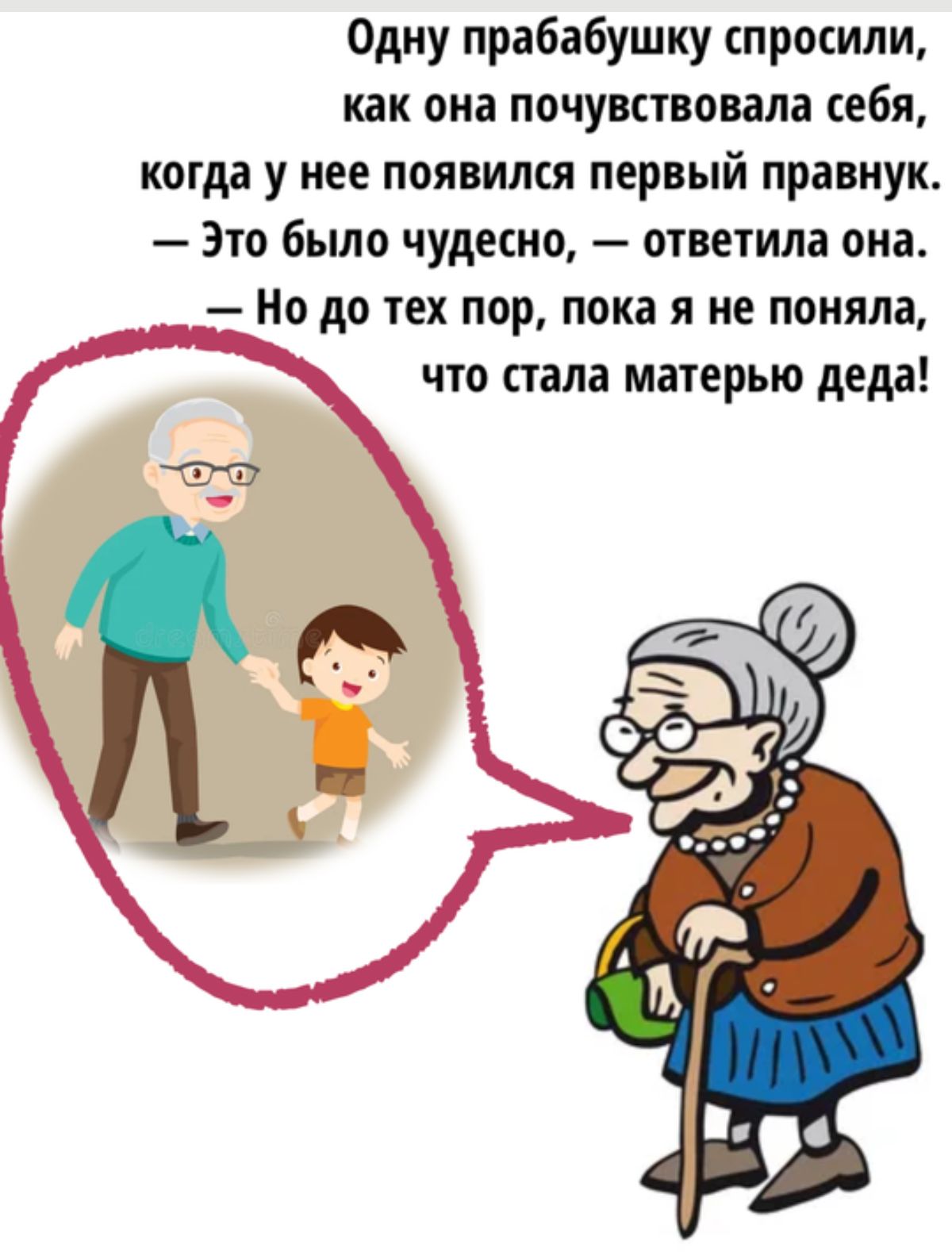 Одну прабабушку спросили как она почувствовала себя когда у нее появился первый правнук Это было чудесно ответила она Но до тех пор пока я не поняла что стала матерью деда