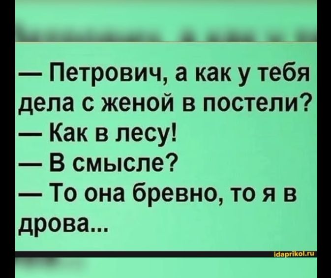 Петрович а как у тебя дела с женой в постели Как в лесу В смысле То она бревно то я в дрова