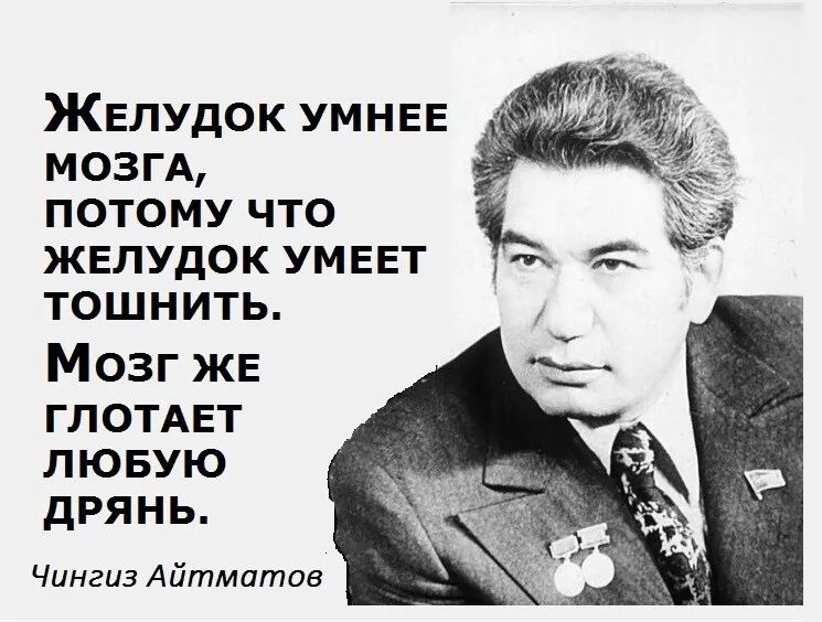 ЖЕЛУДОК УМНЕЕ МОЗГА ПОТОМУ ЧТО ЖЕЛУДОК УМЕЕТ тошнить Мозг же ГЛОТАЕТ ЛЮБУЮ ДРЯНЬ Чингиз Айтматов