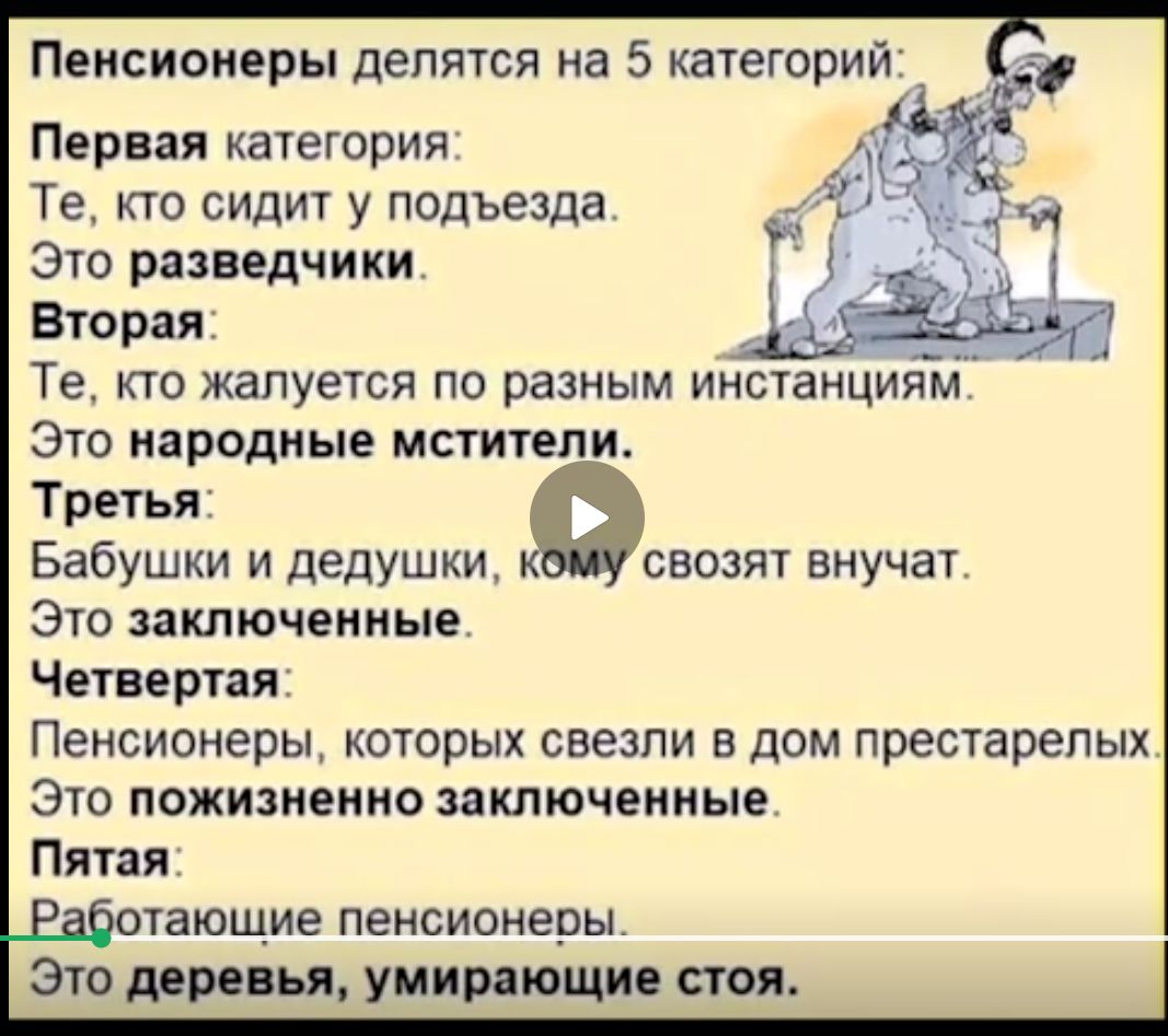 Пенсионеры делятся на 5 категорий:
Первая категория:
Те, кто сидит У подезда.
Это разведчики.
Вторая:
Те, кто жалуется по разным инстанциям.
Это народные мстители.
Третья:
Бабушки и дедушки, кому свозят внуков.
Это заключенные.
Четвертая:
Пенсионеры, которых свезли в дом престарелых.
Это пожизненное заключение.
Пятая:
Работающие пенсионеры.
Это деревья, умирающие стоя.