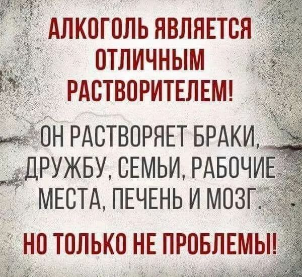 АЛКОГОЛЬ ЯВЛЯЕТСЯ ОТЛИЧНЫМ РАСТВОРИТЕЛЕМ!
ОН РАСТВОРЯЕТ БРАКИ, ДРУЖБУ, СЕМЬИ, РАБОЧИЕ МЕСТА, ПЕЧЕНЬ И МОЗГ.
НО ТОЛЬКО НЕ ПРОБЛЕМЫ!