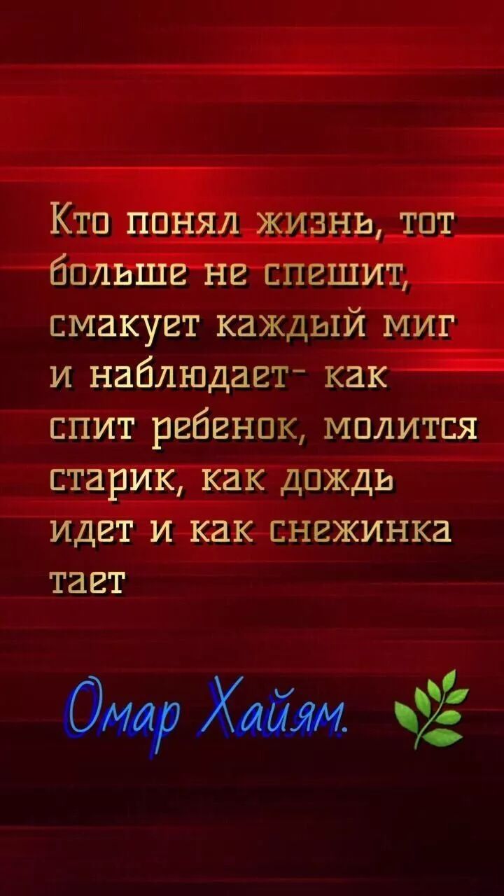 Кто понял жизнь, тот больше не спешит, смакуeт каждый миг и наблюдает - как спит ребенок, молится старик, как дождь идет и как снежинка тает
Омар Хайям.