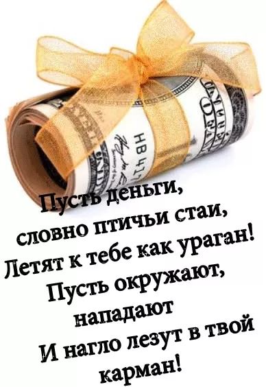 Пусть деньги, словно птичьи стаи, Летают к тебе как ураган! Пусть окружают, нападают И натло лезут в твой карман!