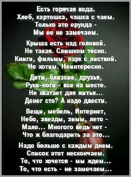 Есть горячая вода.
Хлеб, картошка, чашка с чем.
Только это ерунда -
Мы её не замечаем.

Крыша есть над головой.
Не такая. Слишком тесно.
Книги, фильмы, парк с листвой.
Не хотим. Неинтересно.

Дети, близкие, друзья,
Руки-ноги - все на месте.
Не хватает для жизни... 
Денег что? А надо двести.

Вещи, мебель, Интернет,
Небо, звёзды, зимы, лето -
Мало... Много ведь нет -
Что ж благодарить за это...

Надо больше с каждым днём.
Список этот бесконечен...
То, что хочется, мы ждём...
То, что есть - не замечаем.