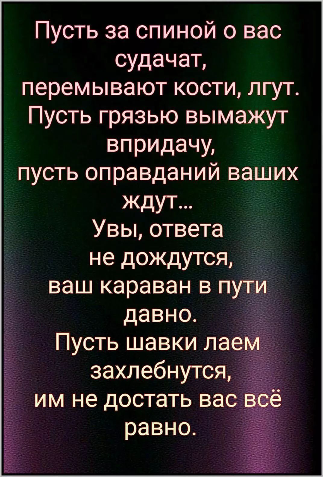 Пусть за спиной о вас судят, перемывают кости, лгут. Пусть грязью вымажут впридачу, пусть оправданий ваших ждут... Увы, ответа не дождаются, ваш караван в пути давно. Пусть шавки лаем захлебнутся, им не достать вас всё равно.