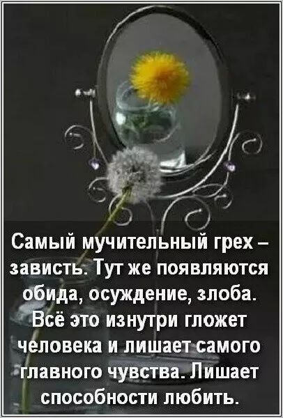 Самый мучительный грех – зависть. Тут же появляются обида, осуждение, злоба. Всё это изнутри гложет человека и лишает самого главного чувства. Лишает способности любить.