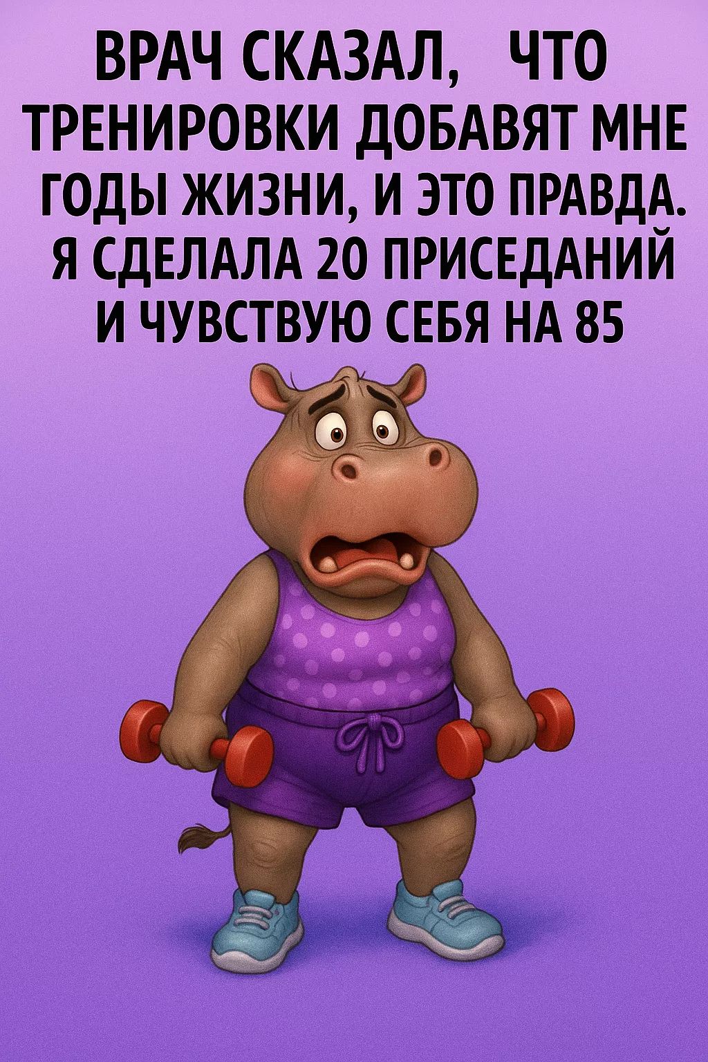 ВРАЧ СКАЗАЛ, ЧТО ТРЕНИРОВКИ ДОБАВЯТ МНЕ ГОДЫ ЖИЗНИ, И ЭТО ПРАВДА. Я СДЕЛАЛА 20 ПРИСЕДАНИЙ И ЧУВСТВУЮ СЕБЯ НА 85