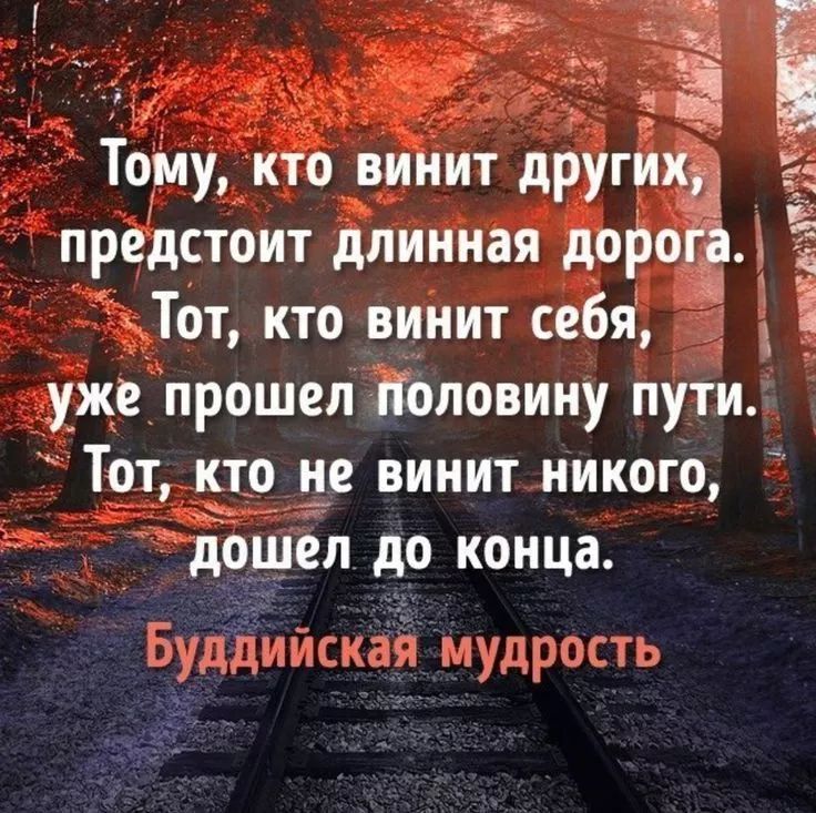 Тому, кто винит других, предстоит длинная дорога.
Тот, кто винит себя, уже прошёл половину пути.
Тот, кто не винит никого, дошёл до конца.
Буддийская мудрость