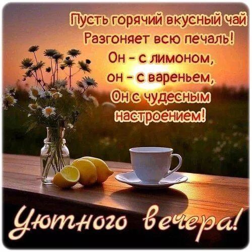 Пусть горячий вкусный чай
Разгоняет всю печаль!
Он – с лимоном,
он – с вареньем,
Он с чудесным
настроением!

Уютного вечера!