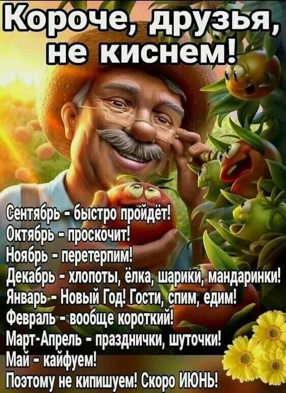 Короче, друзья, не киснем! Сентябрь - быстро пройдет! Октябрь - проскочит! Ноябрь - перетерпим! Декабрь - хлопоты, ёлка, шарики, мандарины! Январь - Новый Год! Гости, спим, едим! Февраль - вообще короткий! Март-Апрель - празднички, шуточки! Май - кайфуем! Поэтому не киснем! Скоро ИЮНЬ!