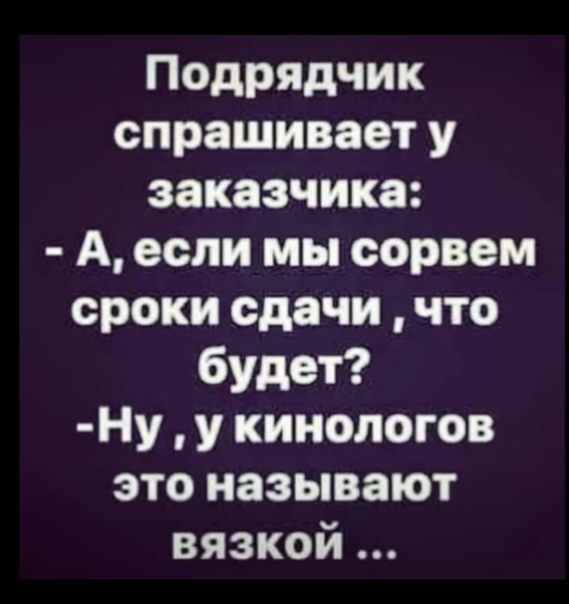 Подрядчик спрашивает у заказчика:
- А, если мы сорвем сроки сдачи, что будет?
- Ну, у кинологов это называют связкой ...