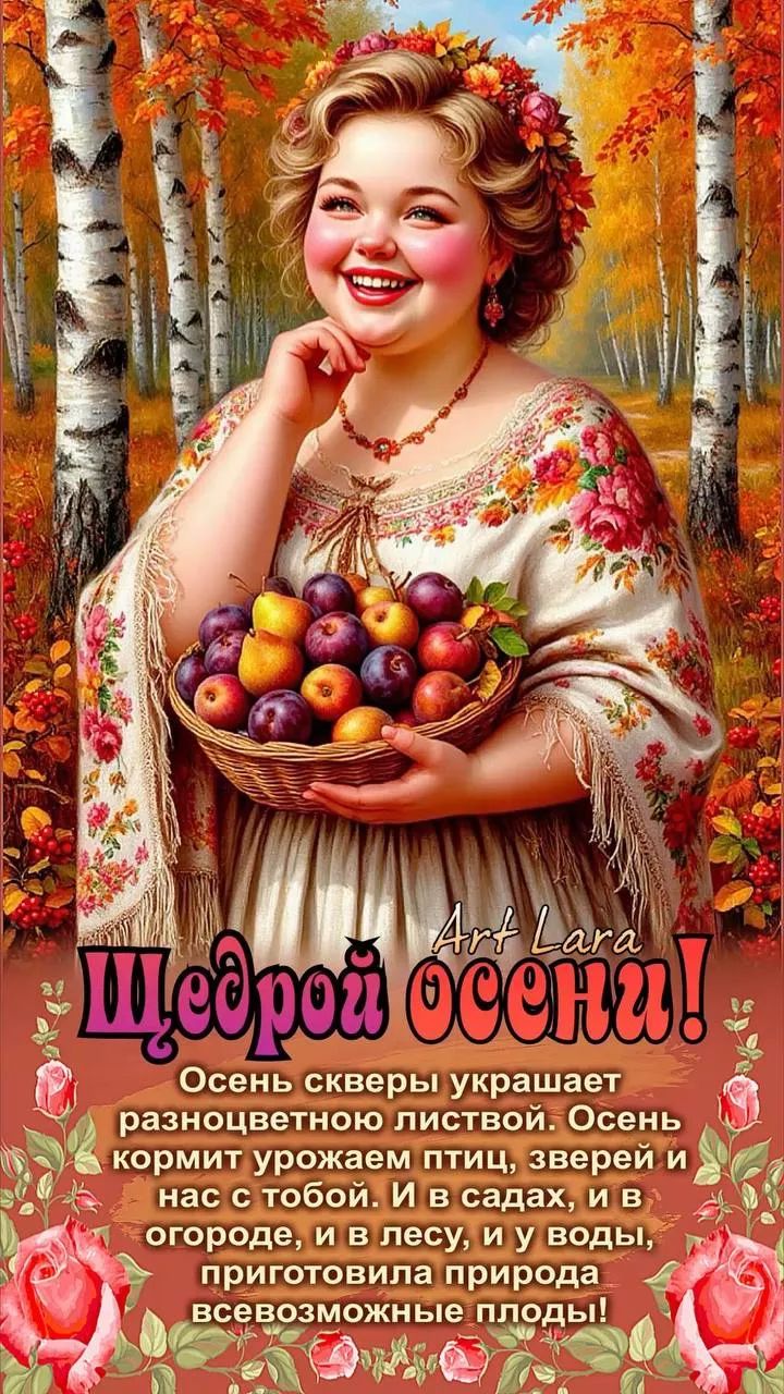 Щедрой осени! Осень скверы украшает разноцветную листвой. Осень кормит урожаем птиц, зверей и нас с тобой. И в садах, и в огороде, и в лесу, и у воды, природа приготовила всевозможные плоды!