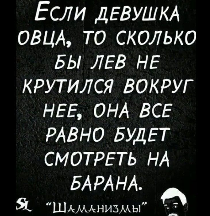 Если девушка овца, то сколько бы лев не крутился вокруг неё, она всё равно будет смотреть на барана.