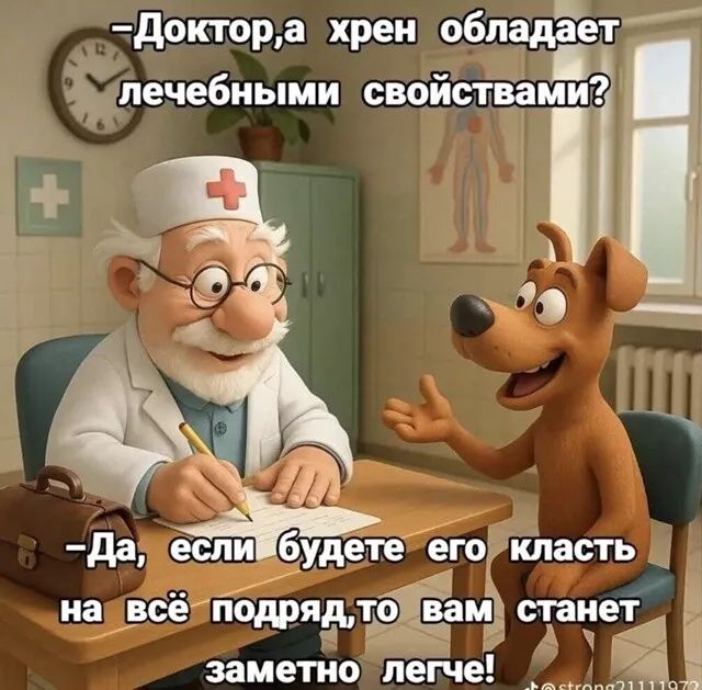 -Доктор, а хрен обладает лечебными свойствами?  
-Да, если будете его класть на всё подряд, то вам станет заметно легче!