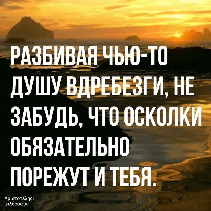 РАЗБИВАЯ ЧЬЮ-ТО ДУШУ ВДРЕБЕЗГИ, НЕ ЗАБУДЬ, ЧТО ОСКОЛКИ ОБЯЗАТЕЛЬНО ПОРЕЖУТ И ТЕБЯ.