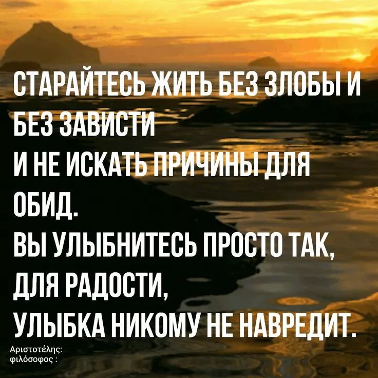 СТАРАЙТЕСЬ ЖИТЬ БЕЗ ЗЛОБЫ И БЕЗ ЗАВИСТИ И НЕ ИСКАТЬ ПРИЧИНЫ ДЛЯ ОБИД. ВЫ УЛЫБНИТЕСЬ ПРОСТО ТАК, ДЛЯ РАДОСТИ, УЛЫБКА НИКОМУ НЕ НАВРЕДИТ. Аристотель: философ.