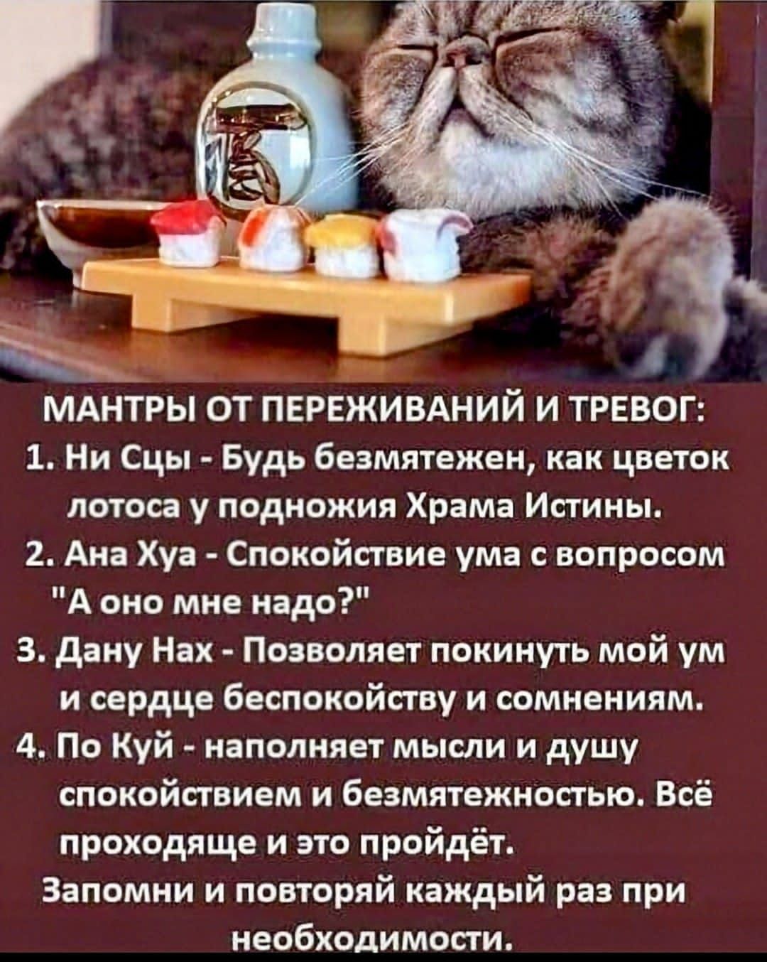 МАНТРЫ ОТ ПЕРЕЖИВАНИЙ И ТРЕВОГ: 1. Ни Сцы - Будь безмятежен, как цветок лотоса у подножия Храма Истины. 2. Ана Хуя - Спокойствие ума с вопросом 
