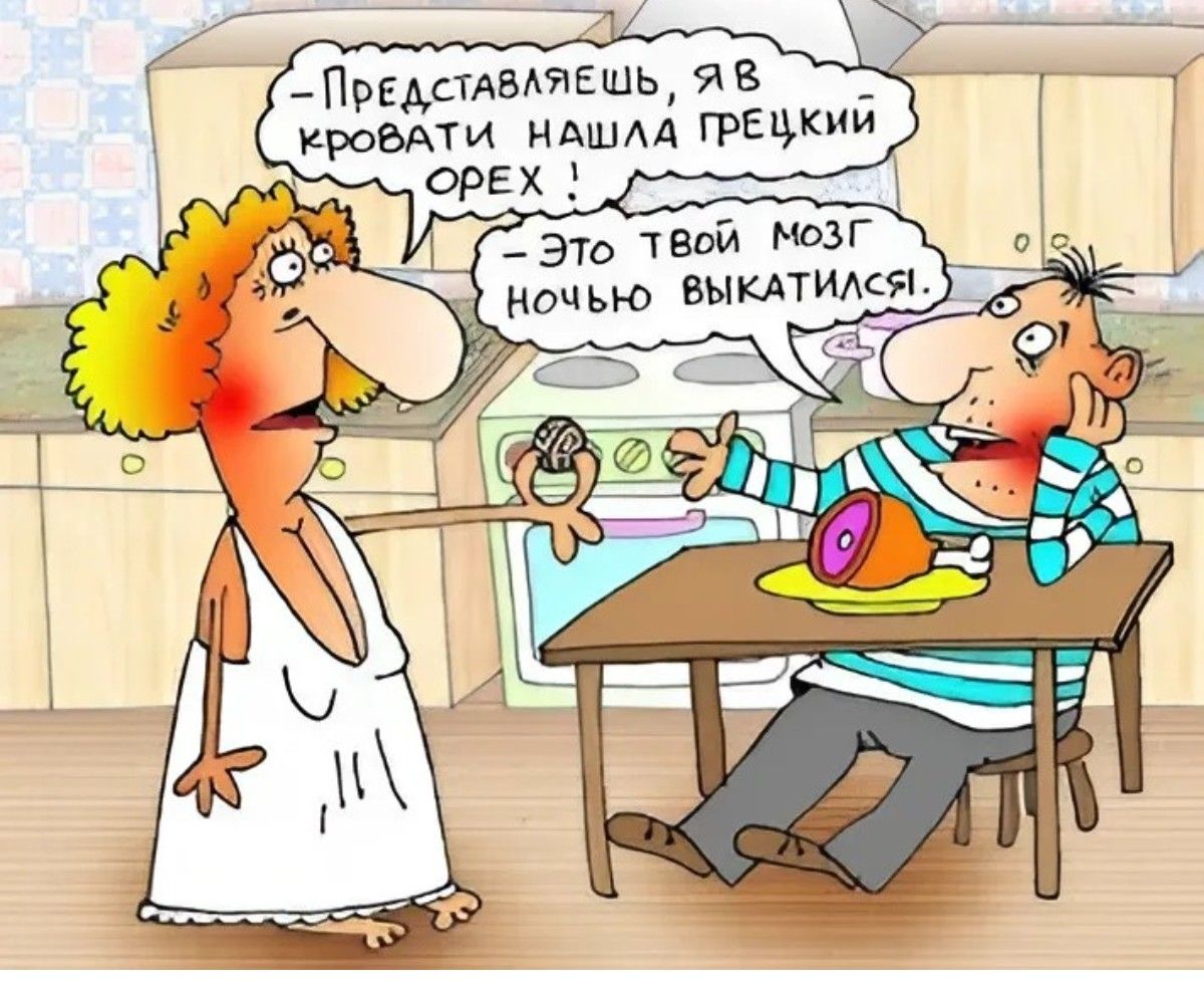 – Представляешь, я в кровати нашла грецкий орех!  – Это твой мозг ночью выкатился!