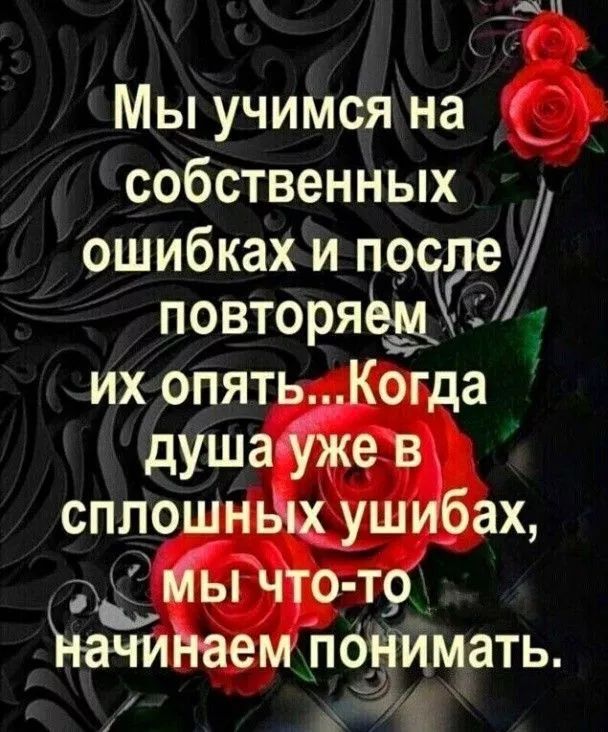 Мы учимся на собственных ошибках и после повторяем их опять...Когда душа уже в сплошных ушибах, мы что-то начинаем понимать.