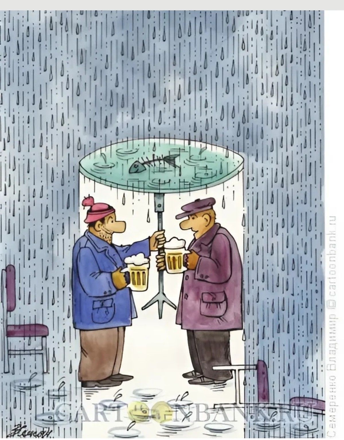 Два человека в плащах пьют пиво под прозрачной крышкой в дождливую погоду. Карикатурная сцена с зонтом-куполом, под которым они встречаются и, похоже, смеются.