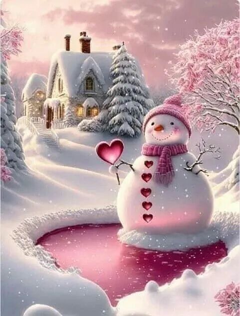 Зимняя сцена: снеговик с сердечками у розового пруда на фоне снежного домика и зимних деревьев