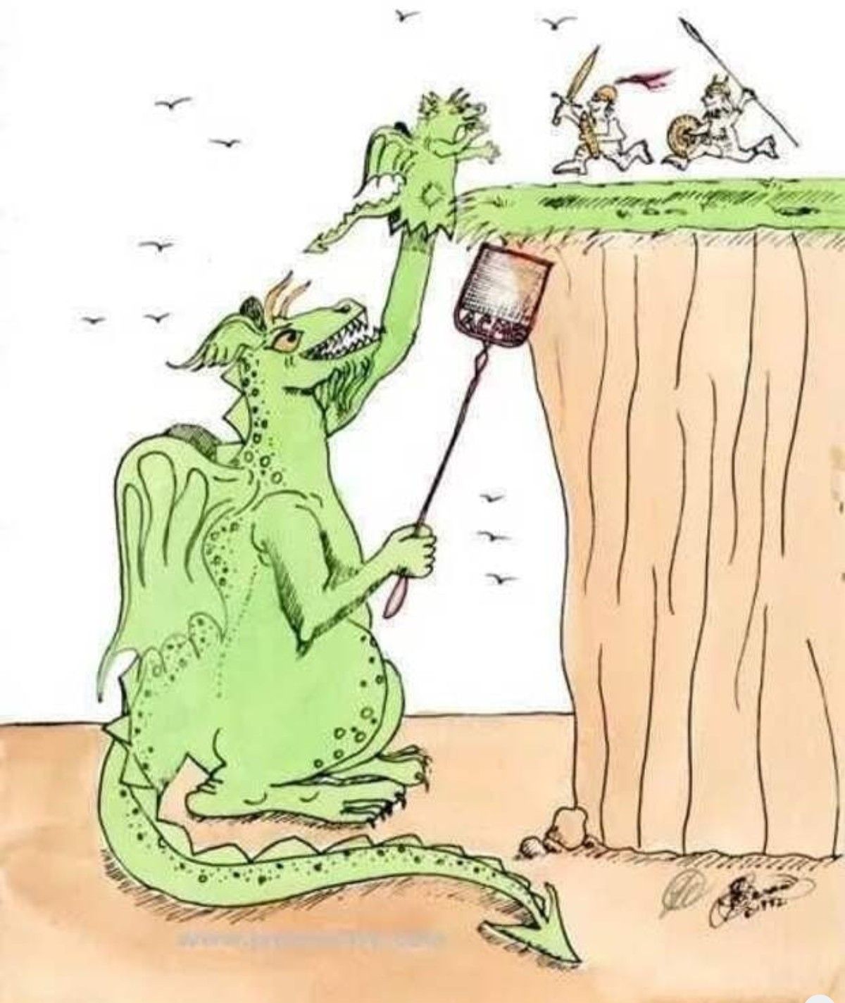 Дракон рисует кистью на краю обрыва, сверху стоят рыцари и взывают к нему.