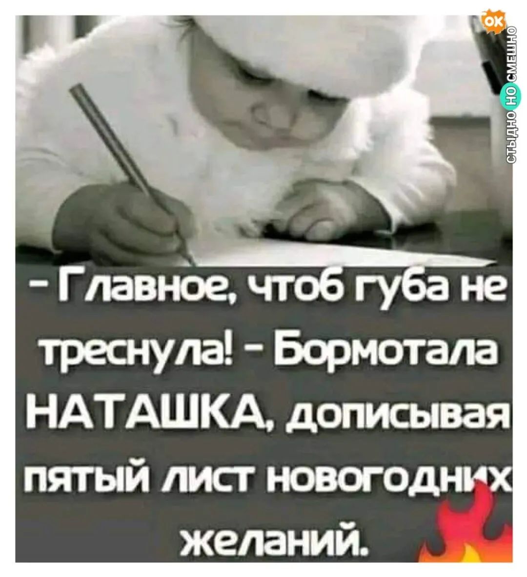 - Главное, чтобы губа не треснула! - Бормотала НАТАШКА, дописывая пятый лист новогодних желаний.