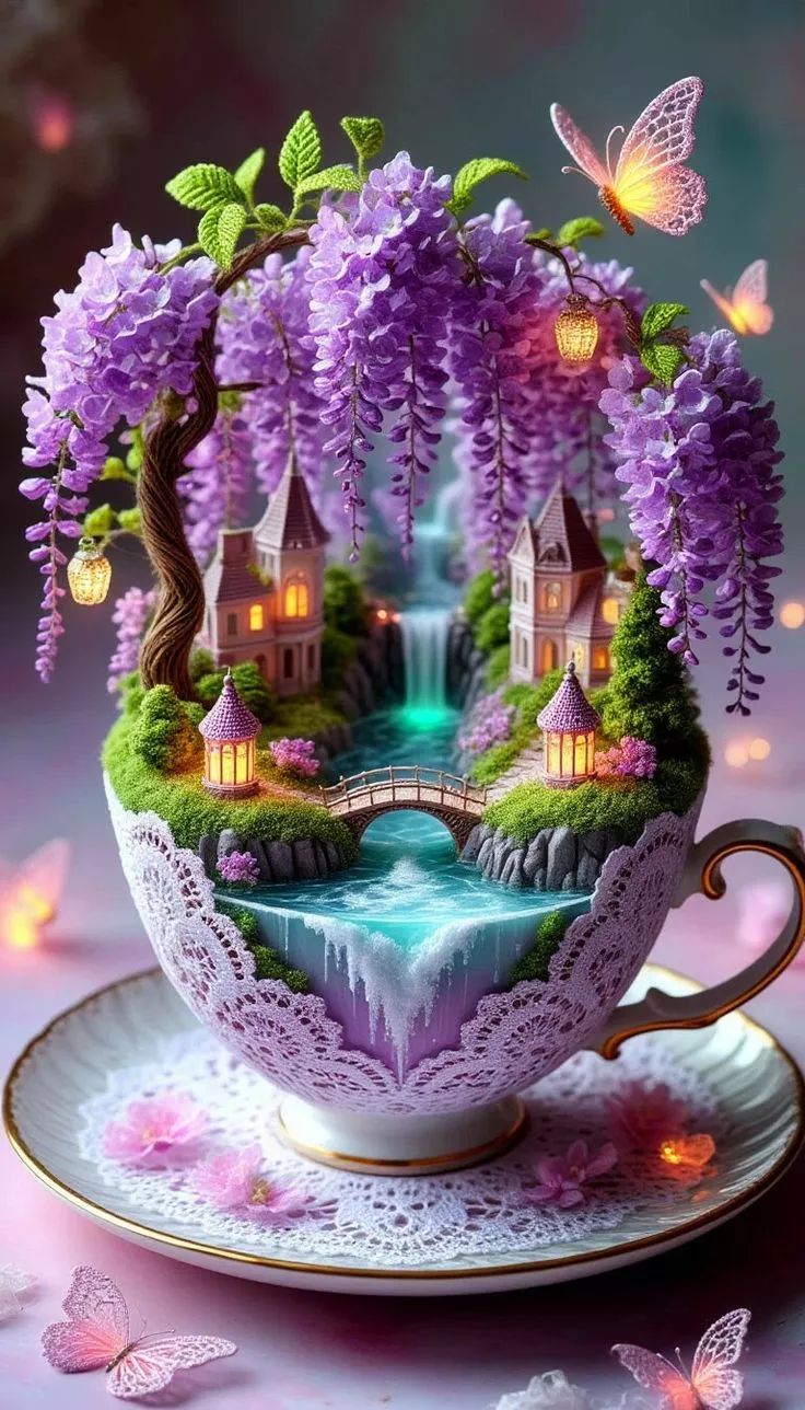 Сказочный ландшафт в чашке: лиловые глицинии, маленькие домики, мостик и бабочки
