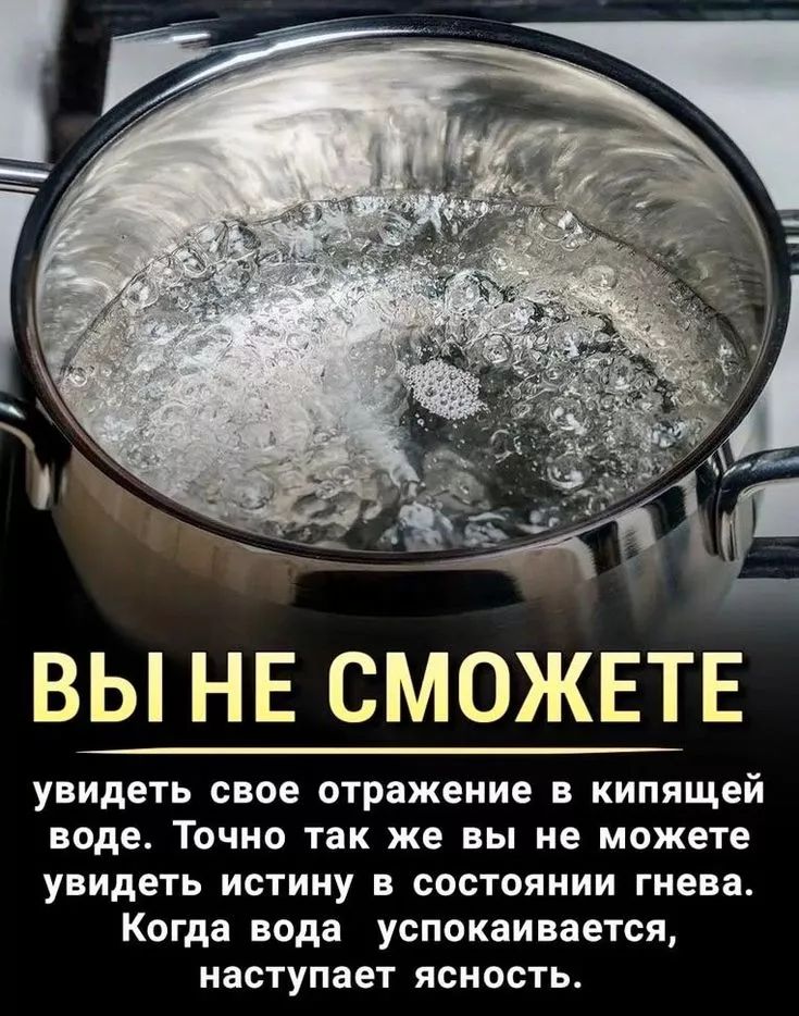 ВЫ НЕ СМОЖЕТЕ увидеть свое отражение в кипящей воде. Точно так же вы не можете увидеть истину в состоянии гнева. Когда вода успокаивается, наступает ясность.