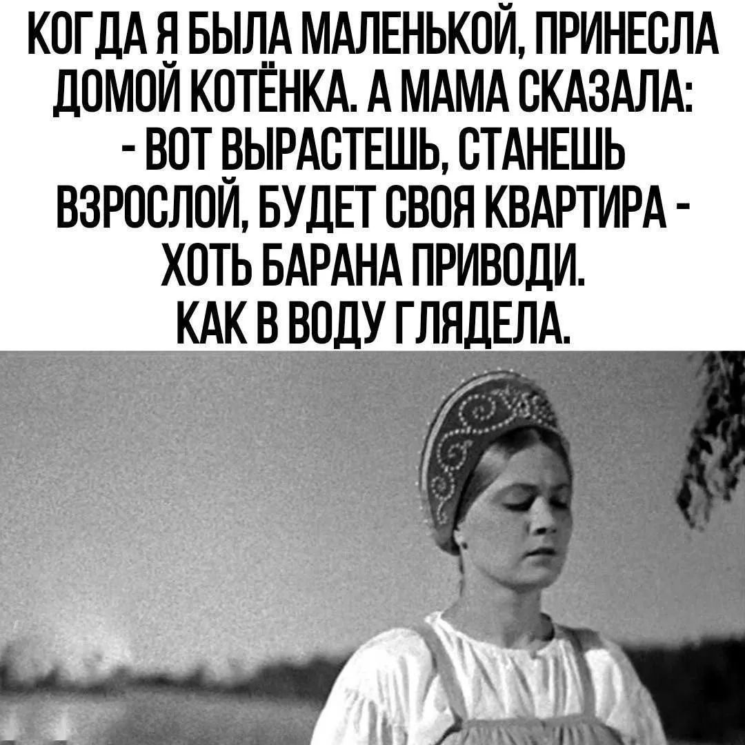 КОГДА Я БЫЛА МАЛЕНЬКОЙ, ПРИНЕСЛА ДОМОЙ КОТЁНКА, А МАМА СКАЗАЛА: - ВОТ ВЫРАСТЕШЬ, СТАНЕШЬ ВЗРОСЛОЙ, БУДЕТ СВОЯ КВАРТИРА - ХОТЬ БАРАНА ПРИВОДИ. КАК В ВОДУ ГЛЯДЕЛА.