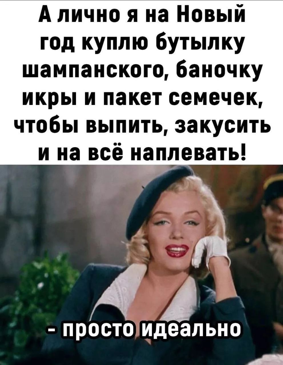 А лично я на Новый год куплю бутылку шампанского, баночку икры и пакет семечек, чтобы выпить, закусить и на всё наплевать! - просто идеально
