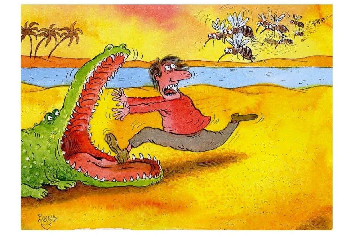 Карикатура: человек убегает от крокодила на пляже.