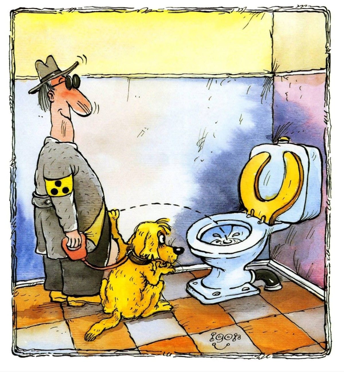 Карикатура: пёс на поводке перед унитазом в ванной, мужчина в шляпе.