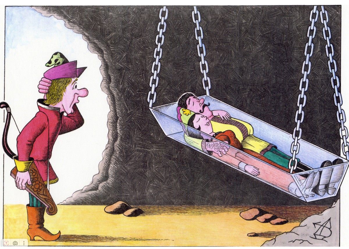 Карикатура: человек в шапке наблюдает за подвешенными в чаше-подвесе людьми в некоем полумраке пещеры.