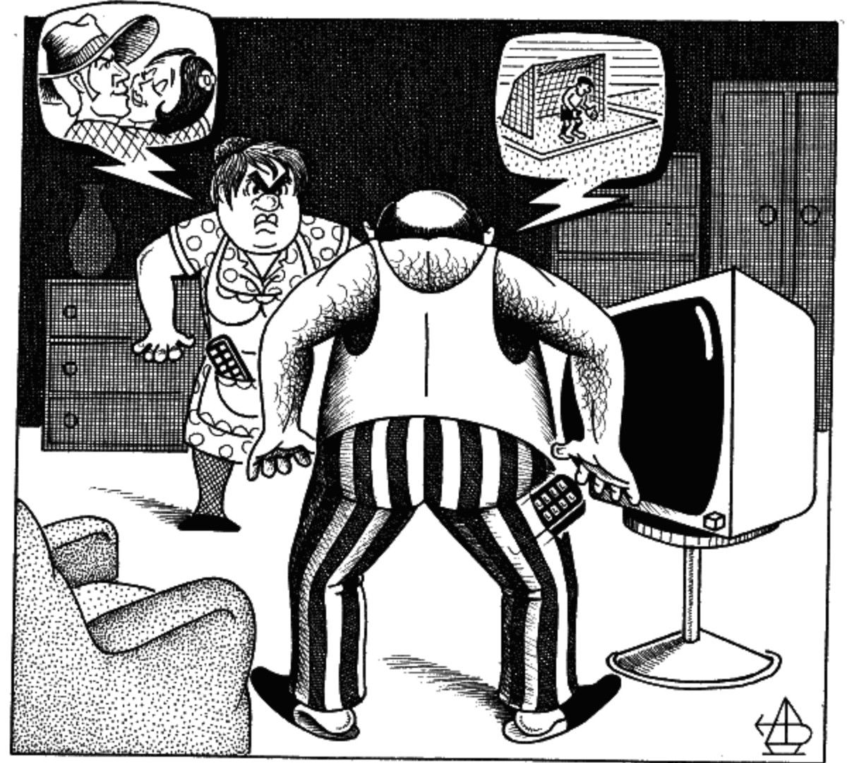 Карикатура: толстый мужчина перед старым CRT-телевизором, рядом спорит другой мужчина в одежде с полосатыми брюками; в окне фантазии и в задумке.