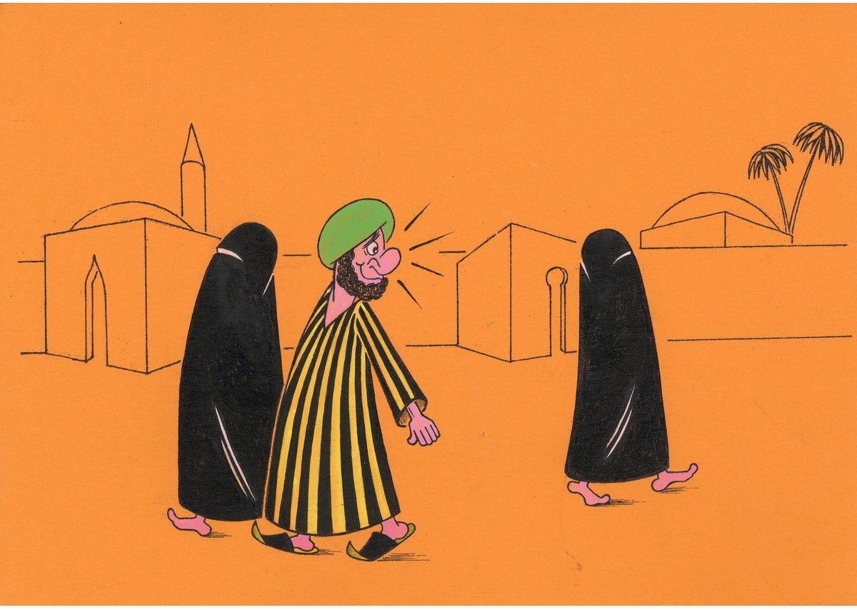 Иллюстрация в оранжевом фоне: мужчина в кепке идёт между двумя закрытыми платками женщинами.