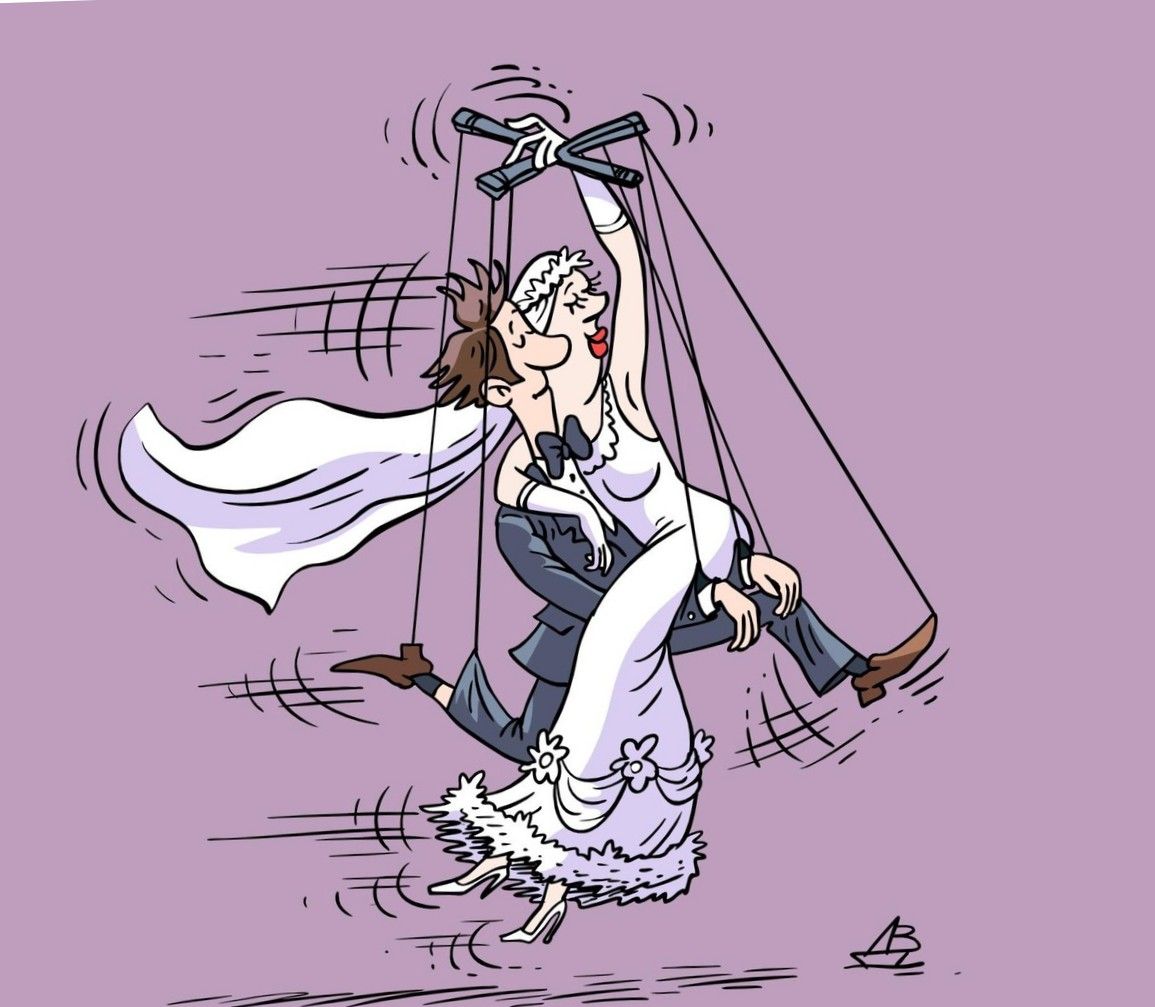 Карикатура: невеста и жених танцуют на подвесной конструкции, комично качаясь.