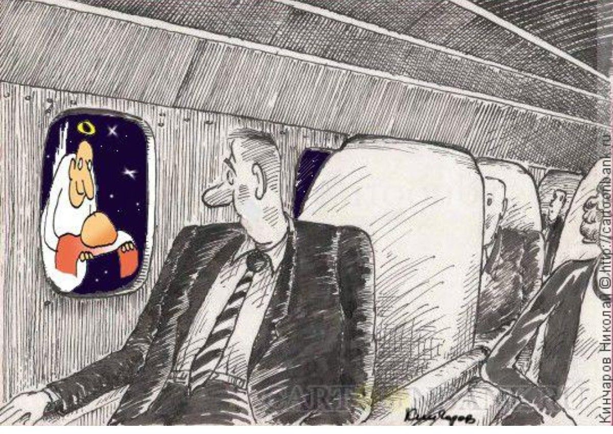 Карикатура: деловой человек в костюме внутри самолета; в иллюминаторе изображён Дед Мороз.