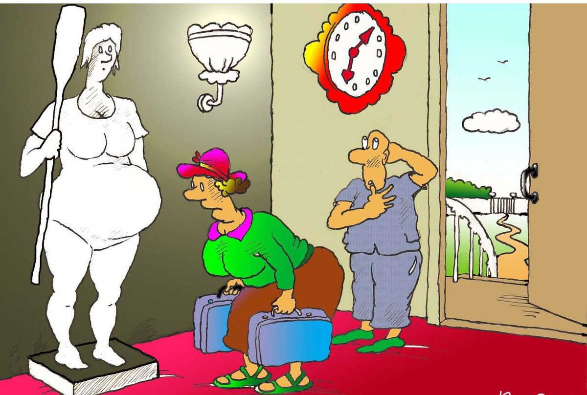 Карикатура: обнаженная статуя перед гостями в прихожей у часов