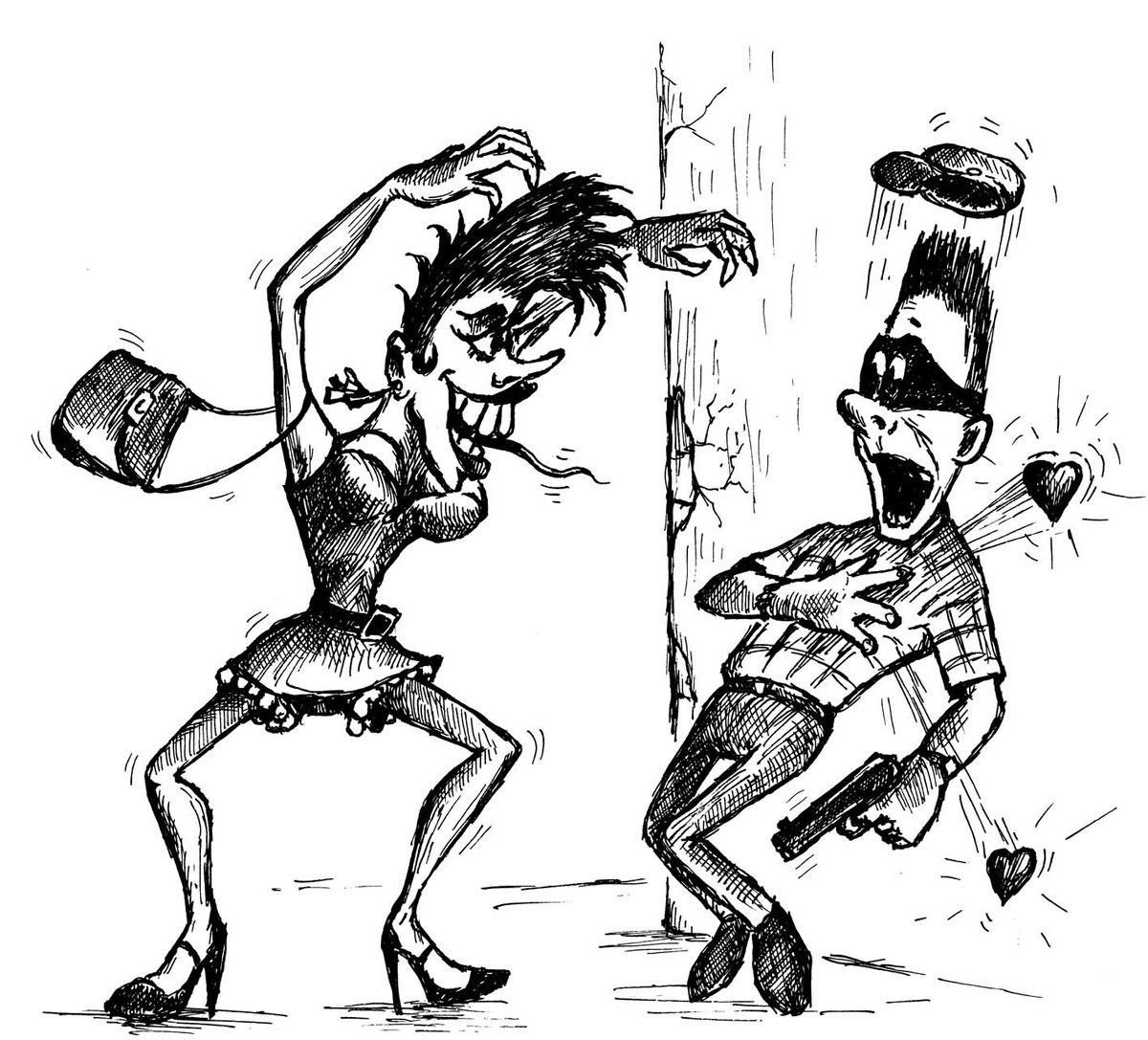 Карикатура: женщина и мужчина в комичных позах с намёком на флирт