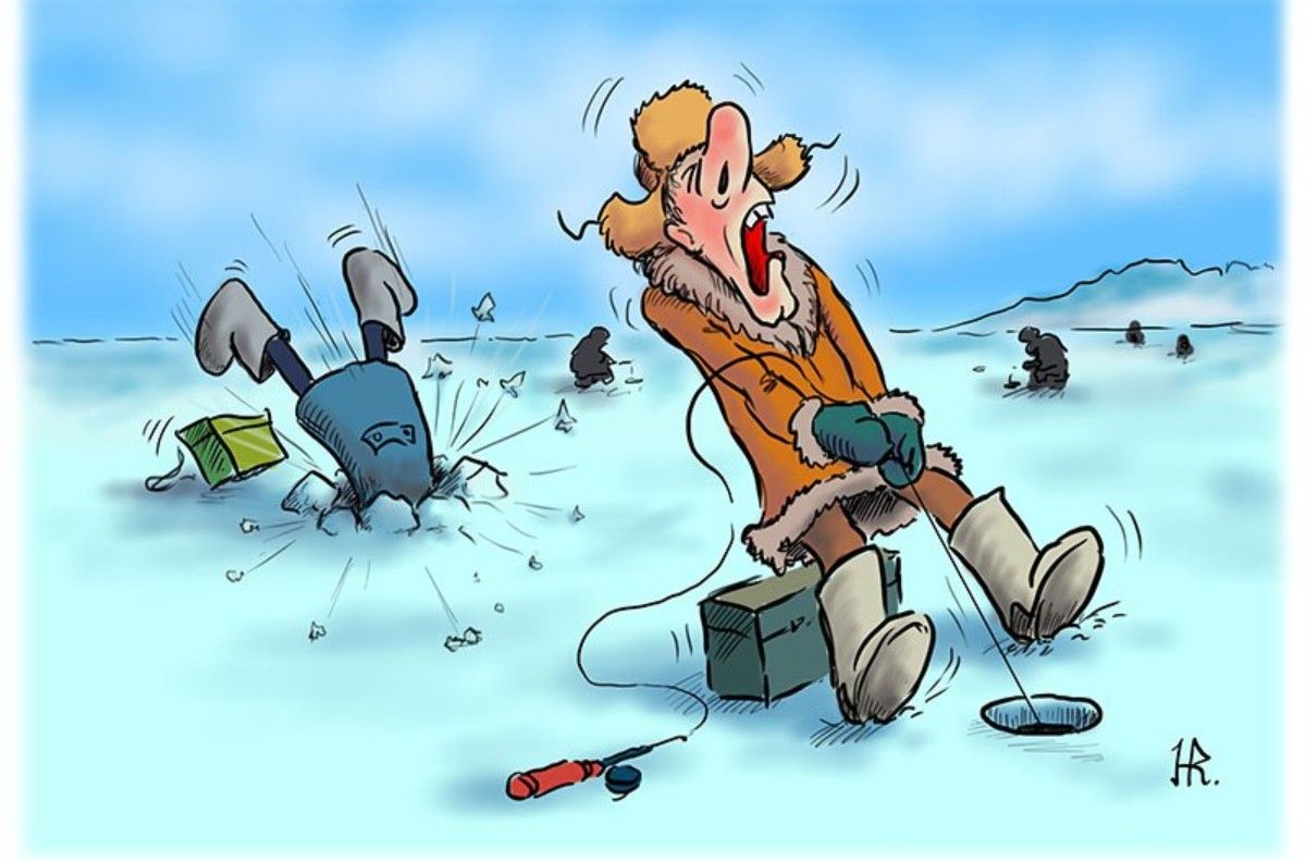 Карикатура: зверь на льду тащит сундук, рядом другой персонаж падает в воду.