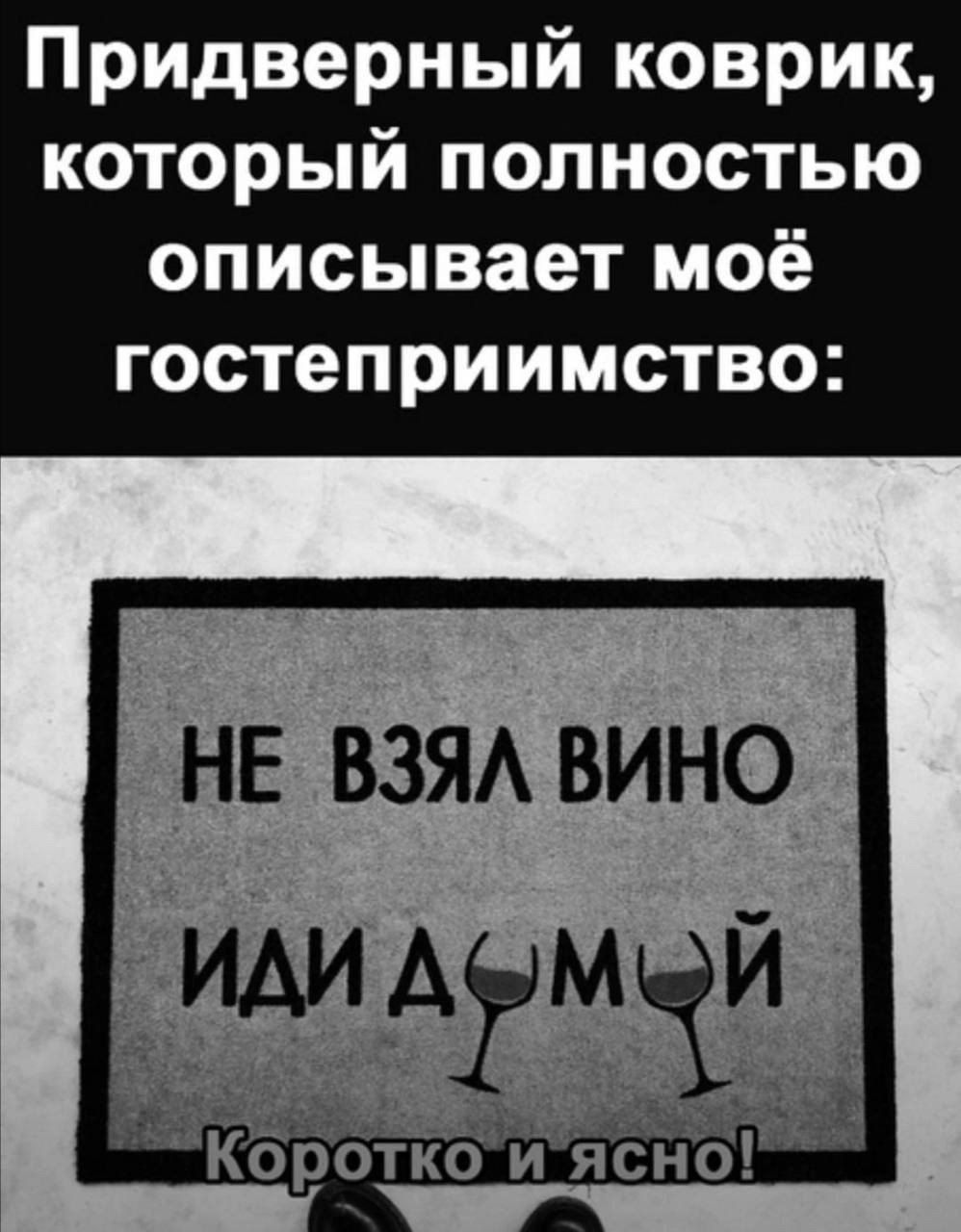 Придверный коврик, который полностью описывает моё гостеприимство: НЕ ВЗЯЛ ВИНО ИДИ ДОМОЙ. Коротко и ясно!