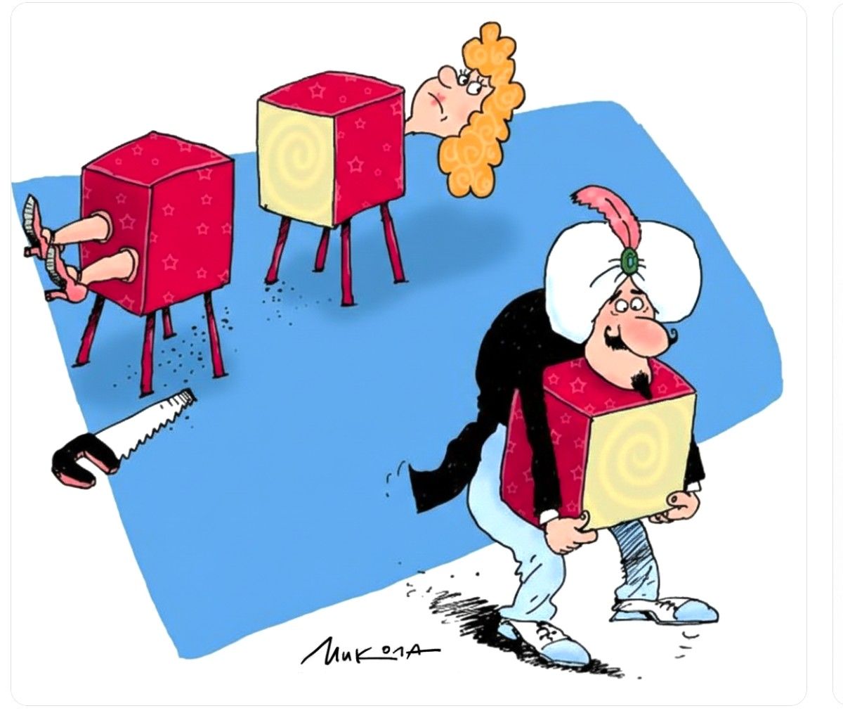 Карикатура: люди несут коробки на себе и голове, сцена абсурна и комична