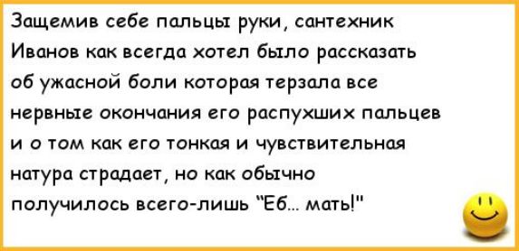Защемив себе пальцы руки сантехник Иванав как всегда хотел было рассказать об ужасной бали которая терзали все нервные окончания его распухших пальцев и о том как его тонкая и чувствительная натура страдает но как абычно получилось всеголишь Еб мать