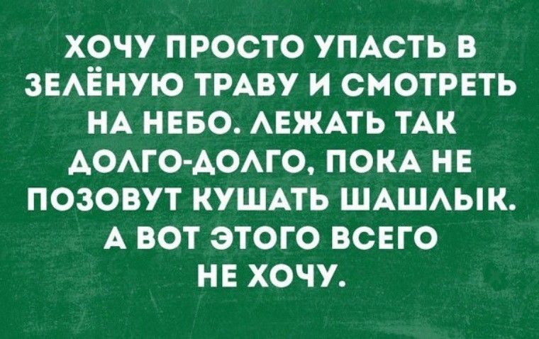ХОЧУ ПРОСТО УПАСТЬ В ЗЕАЁНУЮ ТРАВУ И СМОТРЕТЬ НА НЕБО АЕЖАТЬ ТАК АОАГО АОАГО ПОКА НЕ ПОЗОБУТ КУШАТЬ ШАШАЫК А ВОТ ЭТОГО ВСЕГО Н Е ХОЧУ