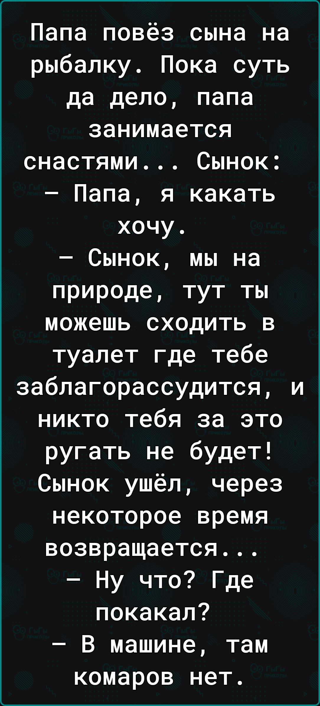 Папа повёз сына на рыбалку Пока суть да дело папа занимается снастями Сынок  Папа я какать хочу Сынок мы на природе тут ты можешь сходить в туалет где  тебе заблагорассудится и никто