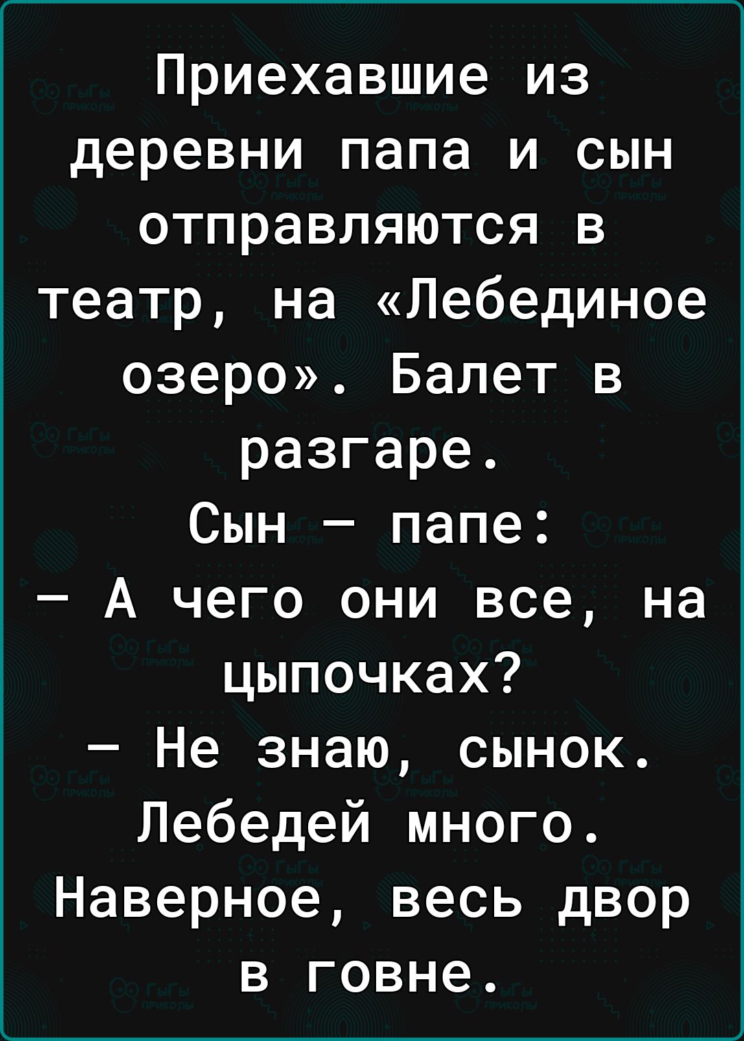 Приехавшие из деревни папа и сын отправляются в театр на Лебединое озеро Балет в разгаре Сын папе А чего они все на цыпочках Не знаю сынок Лебедей много Наверное весь двор в говне