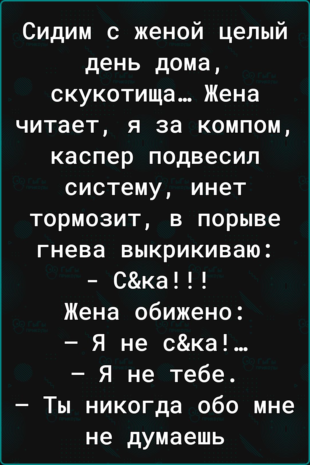 Сидим с женой целый день дома скукотища Жена читает я за компом каспер подвесил систему инет тормозит в порыве гнева выкрикиваю Ска Жена обижено Я не ска Я не тебе Ты никогда обо мне не думаешь